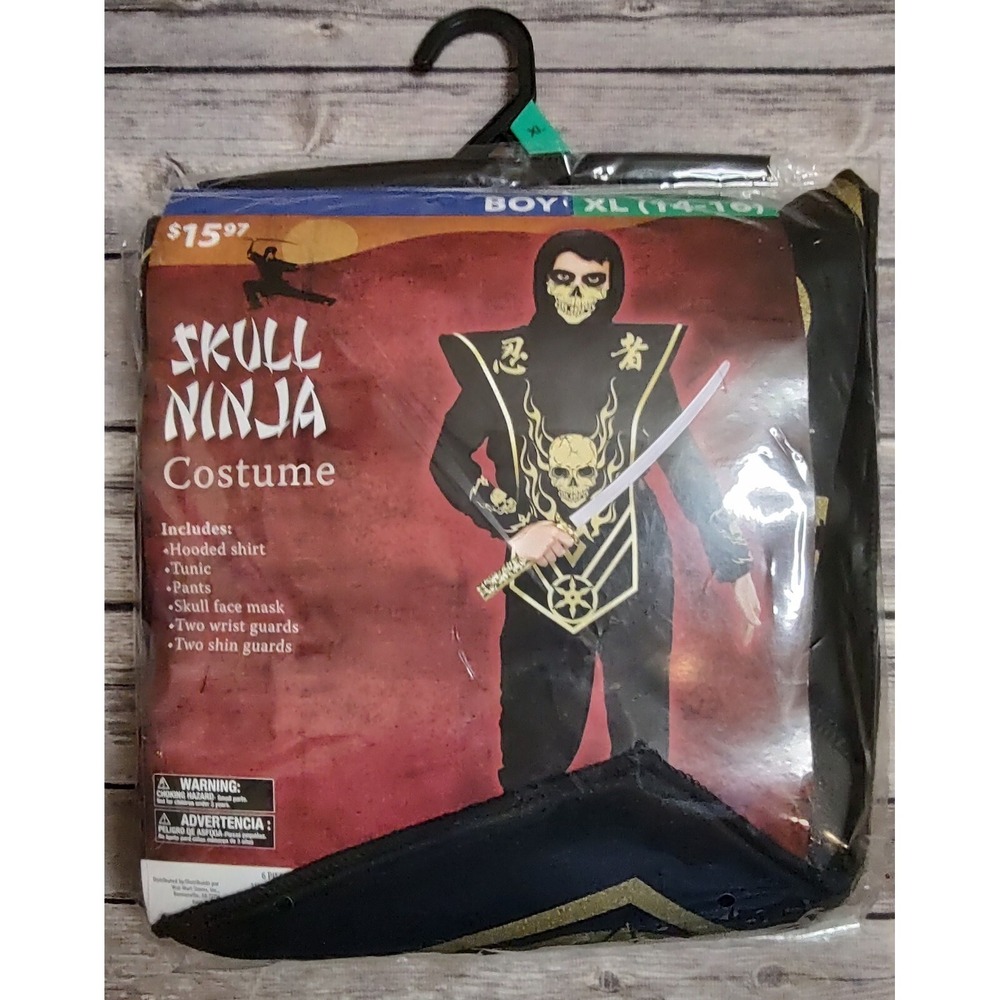 Halloween Skull Ninja Costume Outfit Boys Size XL 14 - 16 New Black Gold Tone A9